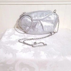 NEW Big Buddha SHINY Metallic SILVER Mini Crossbody Clutch Purse Rhinestone Zip